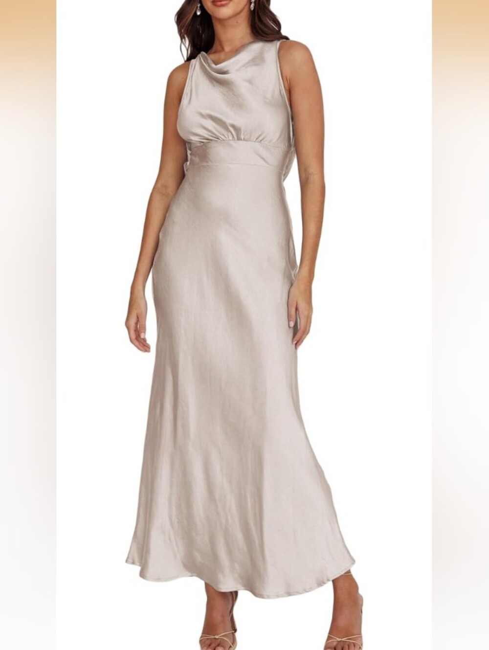 Bagone Champagne Satin Cowl Neck Backless Elegant Maxi Dress Size Medium NWT